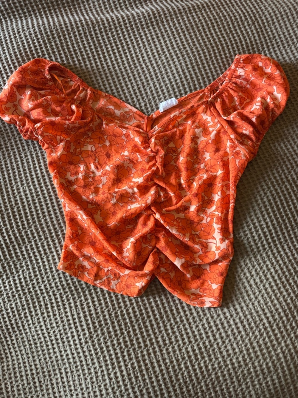 Sienna Sky Orange Floral Ruched Puff-Sleeve Top